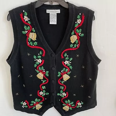 Buy VTG Victoria Jones Black Christmas Sweater Vest Embroidered Ribbon Holly Bells L • 14.47£