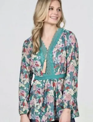 Buy NWT Matilda Jane Kookaburra Turquoise Floral Chiffon Dobby Peasant Top Size L • 32.03£