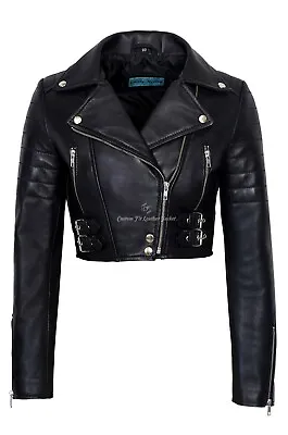 Buy Ladies Leather Jacket Black Lambskin Slim Fit Short Body Biker Style Jacket 5625 • 94.81£