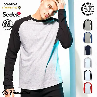 Buy Mens Long Sleeve Baseball T-Shirt Contrast Raglan Soft Cotton Longline Cut Top • 11.48£