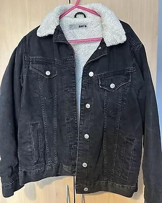 Buy Topshop Fleece Lined Oversized Black Denim Jacket • 8£