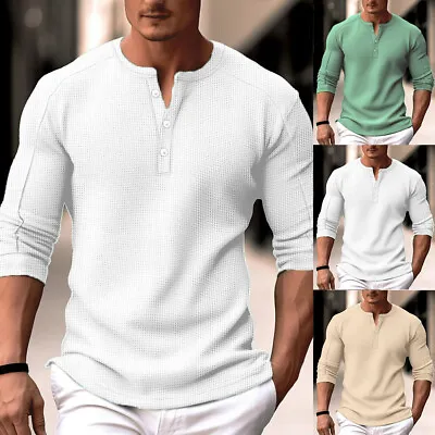 Buy Mens Waffle Long Sleeve Henley T-Shirt Tops Muscle Fit Casual Work Golf Shirts • 13.49£