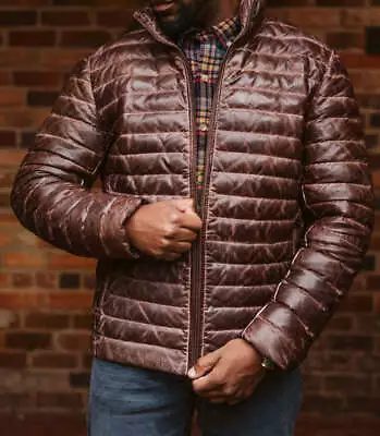 Buy Men's Vintage Distressed Dark Brown Sheep Leather PUFFER Lightweight Jacket • 25.33£