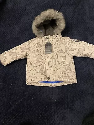 Buy Next Baby Boys Jacket Age 3-6 Months Beige Colour With Dinosaur Design Fur Hood  • 6£