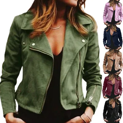Buy Women Solid Biker Jacket Zip Up Blazer Lapel Coat Long Sleeve Slim Fit Outerwear • 14.29£