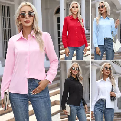 Buy Women Office Business Blouse Long Sleeve Shirts Solid Work Blouses Button Tops • 8.35£