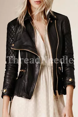 Buy Black Women's Quilted Slim Fit Biker Style Moto Real Leather Jacket • 64.99£