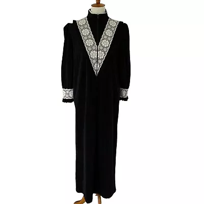 Buy Vintage Goth Victorian Nightgown Robe Fleece Pajamas M Medium Black White Lace • 18.29£