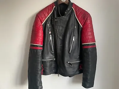 Buy Vintage Leather Black And Red Bikers Jacket 44' Chest With Badges • 79.99£