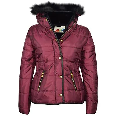 Buy Kids Girls Wine Padded Puffer Jacket Bubble Faux Fur Collar Quilted Coats • 11.99£
