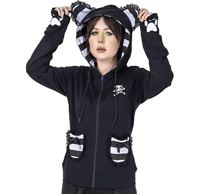 Buy Killer Panda Frill Hood Hoodie Hooded Top Corset Bow Stripe Pockets Emo Scene M • 44.99£