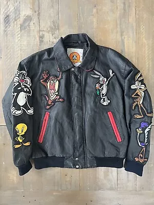 Buy Vintage 90's Looney Tunes Elmer Fudd Daffy Duck Leather Jacket With Patches • 199£