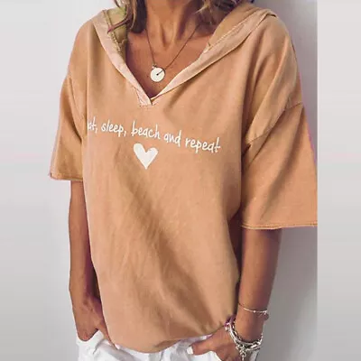 Buy Womens V-Neck Letter Hooded Hoodies Ladies Short Sleeve Loose T-Shirt Blouse 14 • 12.29£