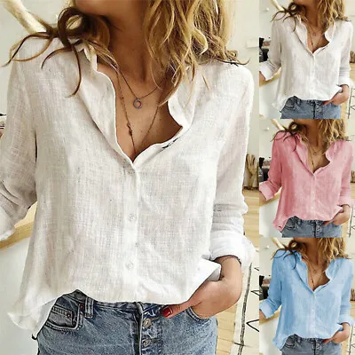 Buy Womens Cotton Linen Plain Blouse Tops Ladies Baggy Long Sleeve Casual T-Shirt UK • 7.99£