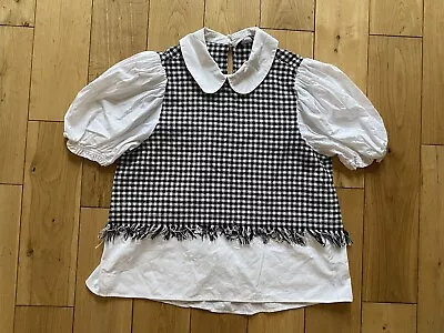 Buy Zara, M, White, Checkered, Smart Shirt Top, Short Puff Sleeve, Peter Pan Collar • 6£