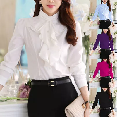 Buy Womens Long Sleeve Stand Collar Tops Office OL Work Shirt Ruffled T-Shirt Blouse • 8.78£
