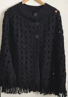 Buy Ladies Monsoon Black Crochet Wool Blend Knit  Cape With Fringes S/M • 8.99£