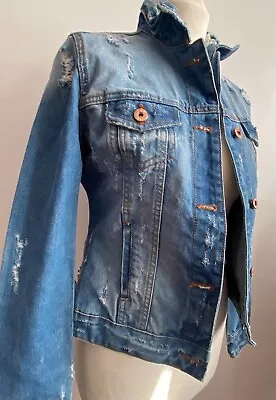 Buy Casual Denim Jacket Women UK 8 10 Frayed Long Sleeve Blue Rock Goth Collared • 4.99£