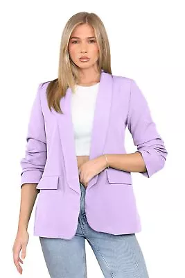 Buy Womens Ruched Sleeve Fully Lined Blazer Plain Collared Office Formal Jacket Top • 24.02£