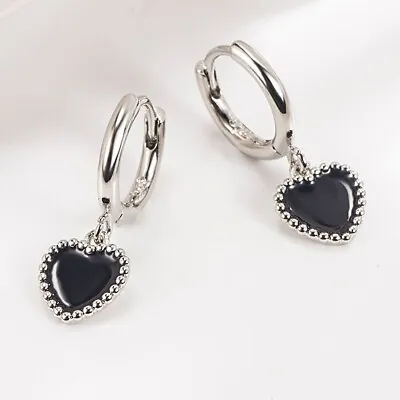 Buy 925 Sterling Silver Black Heart Hoop Earrings Women Girls Jewellery Gift • 3.49£
