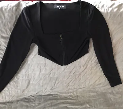 Buy AYM  Double Layered Long Sleeve Zip Crop Top Small Black (Uk Made) • 25£