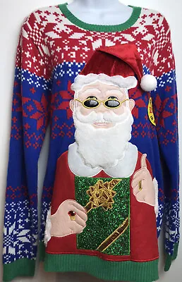 Buy HOLIDAY TIME Ugly Tacky Christmas Sweater Santa Blue Red Blue Pullover Sz Large • 19.28£