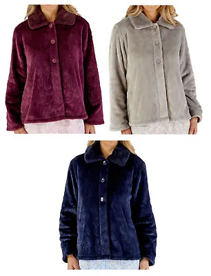 Buy Slenderella Ladies Patterned Fleece Bed Jacket Faux Fur Collar Button House Coat • 28.65£