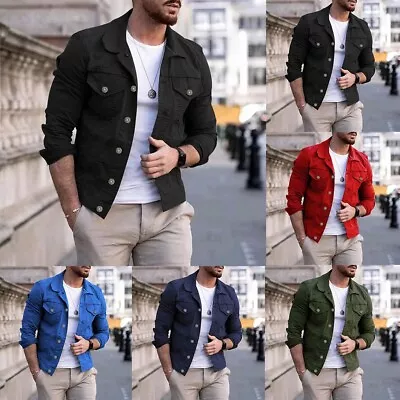 Buy Classic Men's Slim Fit Jean Coat Lapel Button Up Autumn/Winter Jacket Tops • 19.38£