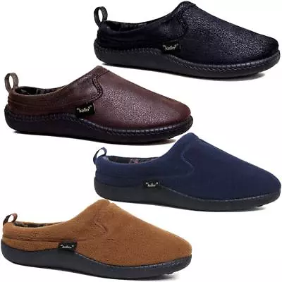 Buy Mens Wide Fit Slippers Slip On Faux Leather Warm Lined Clog Indoor Shoes • 15.95£
