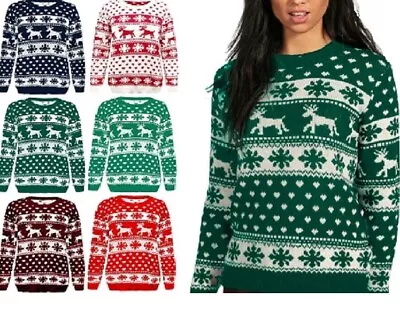 Buy Ladies Snowflake Reindeer Christmas Jumper Womens Novelty Winter Xmas Sweater • 11.49£