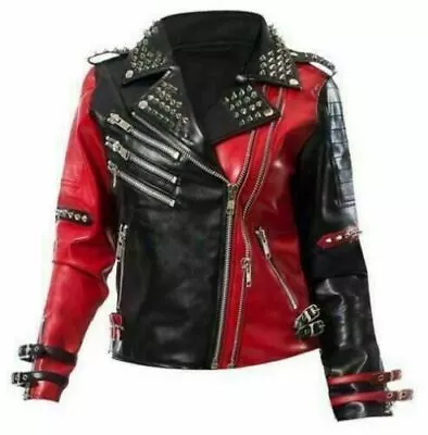Buy Harley Quinn Heartless Asylum Biker Black & Red Leather Jacket For Women • 57.82£
