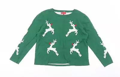 Buy NEXT Womens Green Round Neck Geometric Cotton Pullover Jumper Size 14 - Reindeer • 5.50£