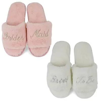 Buy  Bride To Be Wedding Bridesmaid Slippers White Pink Faux Fur Open Toe Embroidery • 9.99£