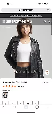 Buy SUPERDRY Womens Size 8Rylee Leather Biker Jacket (BNWT) Black Full Zip Pockets • 40£