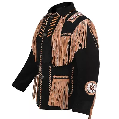 Buy Men's Traditional Cowboy Western Leather Jacket Coat With Fringe Bone And Beads • 200£