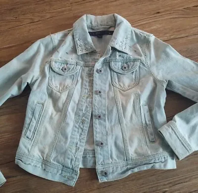 Buy Cropped Denim Jean Jacket Light Blue Bedazzled Size S Distressed By Pink • 9.50£