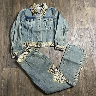 Buy Y2K Newport News Jeans And Denim Jacket Set Cheetah Patchwork Grunge Size 12 Med • 118.40£