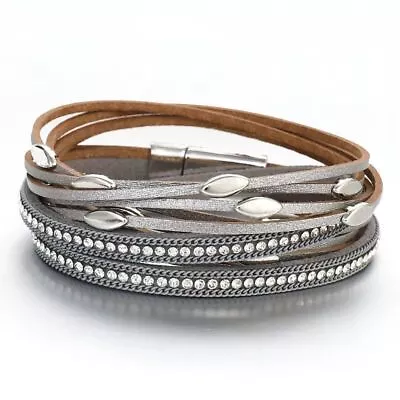 Buy Metal Leaf Charm Double Wrap Leather Bracelets Women Crystal Multilayer Jewelry • 8.28£