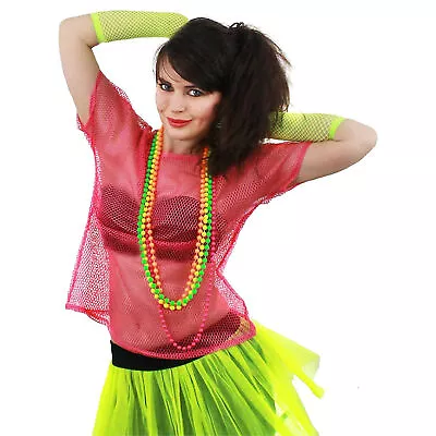 Buy Pink 80s Mesh Top Neon Fishnet T-shirt Fancy Dress Costume Punk Rocker Accessory • 8.99£