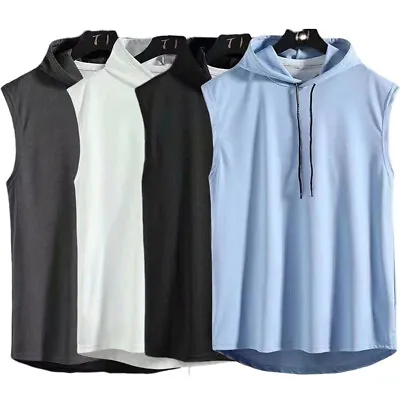 Buy Men Sleeveless Hoodie Vest T-Shirt Tank Top Fitness Sports Gym Muscle Hooded UK • 6.66£
