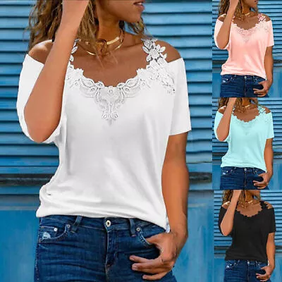 Buy Plus Size Women Lace Cold Shoulder Tunic Tops Summer Steampunk T-Shirt Blouse 20 • 10.59£