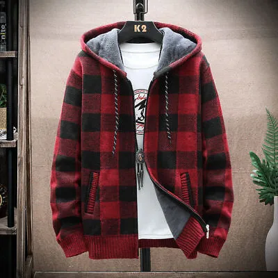Buy Men's Plaid Warm Fleece Lined Thick Hoodie Winter Zip Up Coat Jacket Sweatshirt • 18.99£
