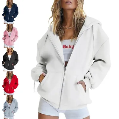Buy Women Long Sleeve Hoodie Sweatshirt Solid Ladies Hooded Sport Loose Zipper Top • 11.99£