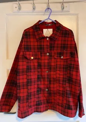 Buy New Boohoo Red Black Checked Denim Jacket Size 14 Oversized Ladies Womens  • 7.99£