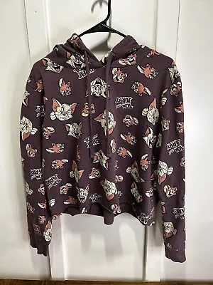 Buy Tom And Jerry All Over Print Purple Cropped Hoodie Womens Size XL • 9.82£