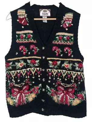Buy Y2K Christmas Embellished Sweater Vest Size XL Floral Button Vintage Tiara • 44.41£