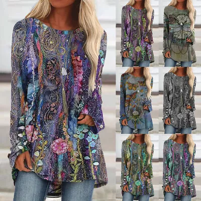 Buy Plus Size Women Boho Floral Tunic Tops Ladies Long Sleeve Loose Casual T-Shirt • 12.09£