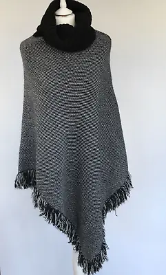 Buy Cocogio Wool Blend Poncho Black White Tassels Roll Neck One Size • 14.95£