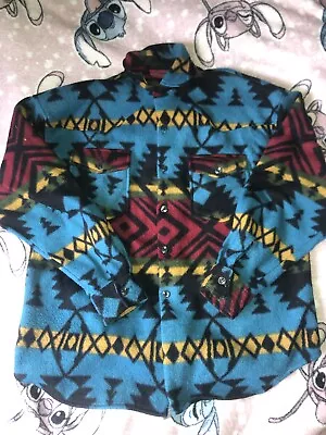 Buy Vintage Retro Fuente Blue Red Patterned Fleece Shirt Jacket Button Up Size XL • 14.99£