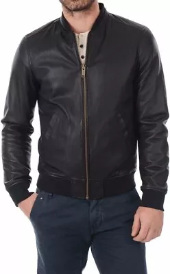 Buy Men's Bomber Leather Jacket Biker Style Real Lambskin Black Slim Fit Jacket • 96£